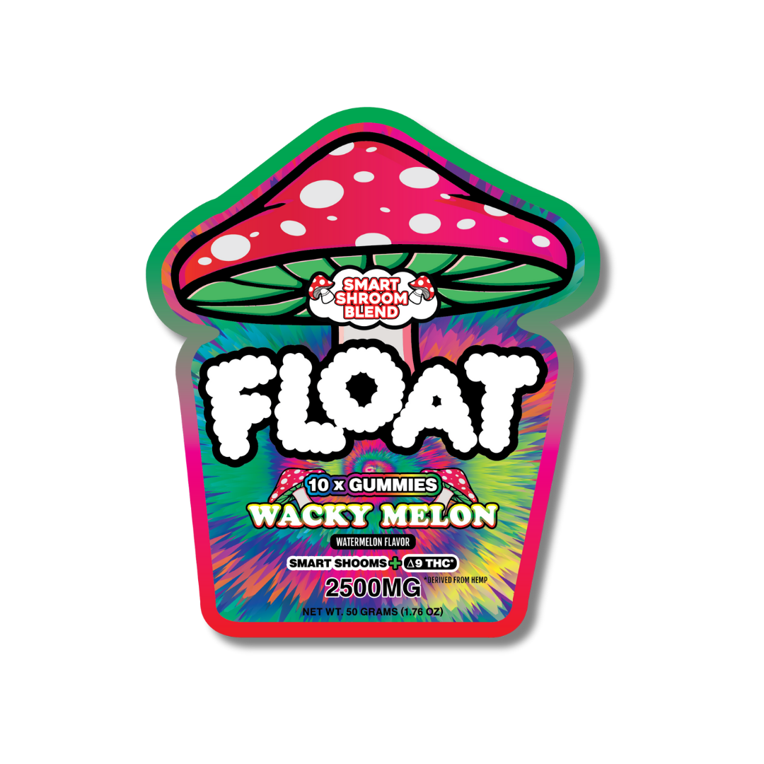FLOAT Gummies packaging with colorful design, featuring a mushroom graphic and "Wacky Melon" flavor, 10 gummies per bag, 2500mg total.