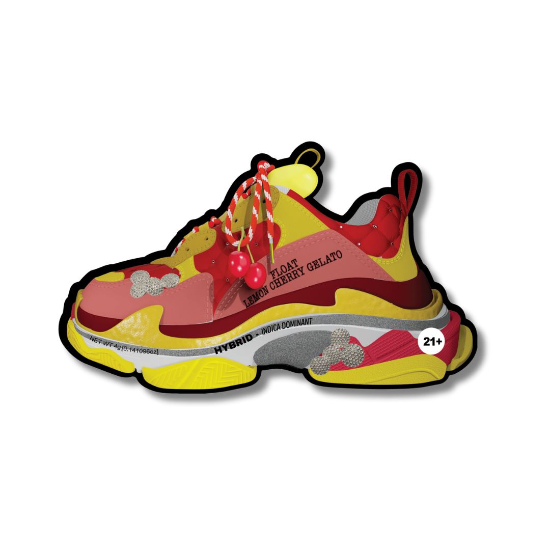 Lemon Cherry Gelato-themed sneaker illustration with diamond-coated accents, highlighting the hybrid strain properties.