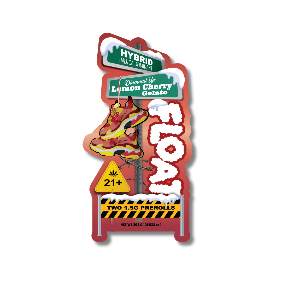 FLOAT THCa Pre-rolls Lemon Cherry Gelato packaging with hybrid indica dominant, diamond coated illustration, and 21+ label.