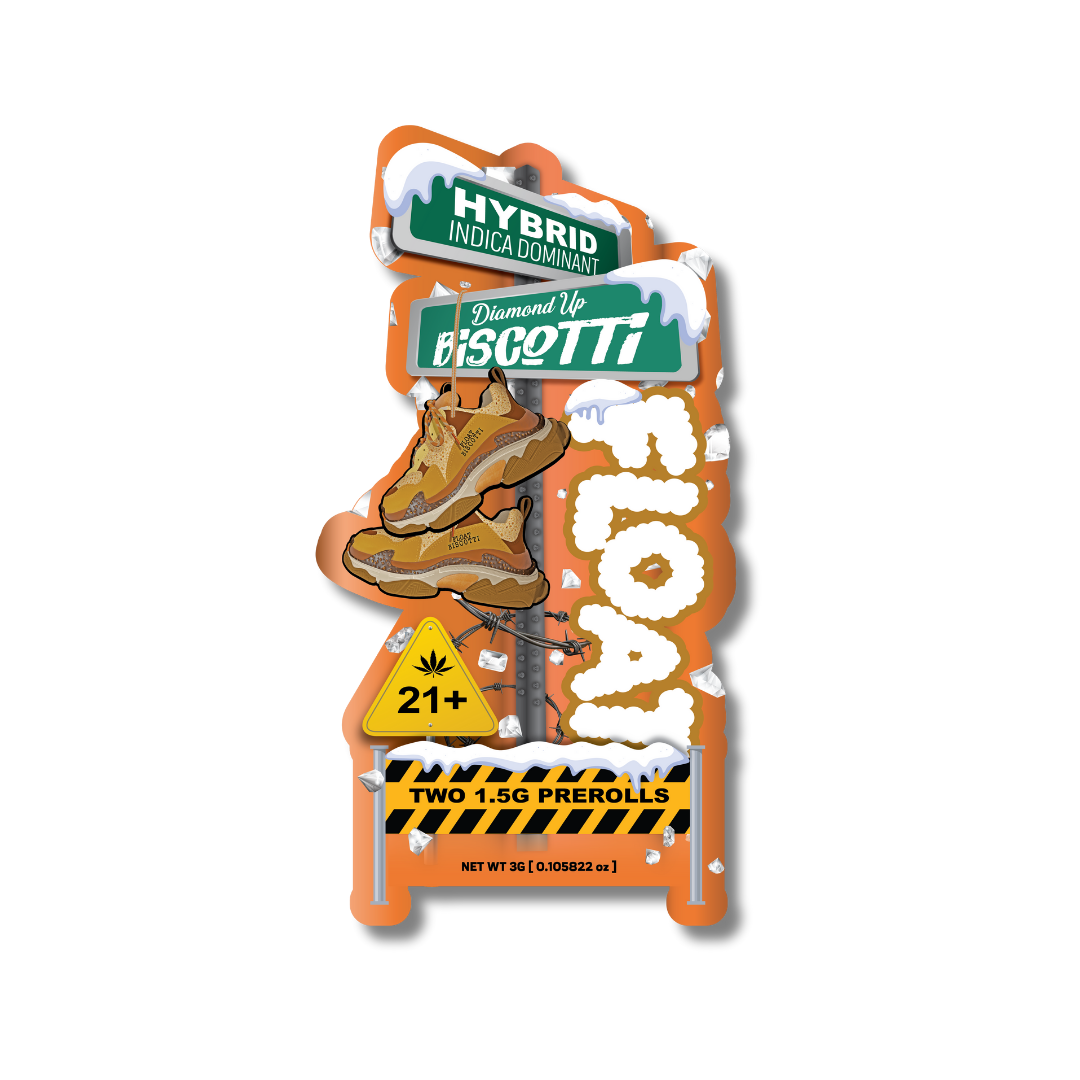 FLOAT THCa Pre-rolls Biscotti packaging, diamond-coated indica pre-rolls, 2-pack, 21+, hybrid.